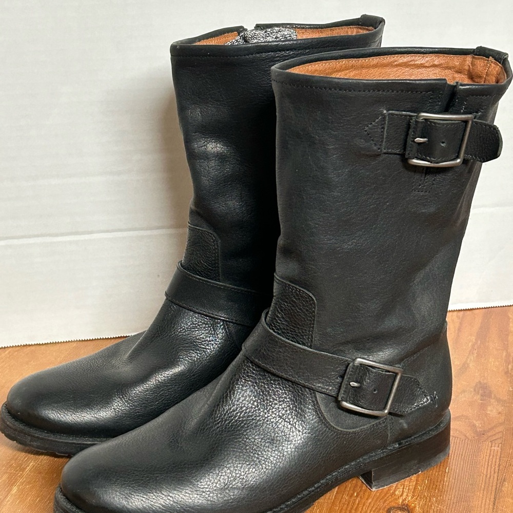 Frye Veronica Black Leather Combat Boots with Buckles size 9